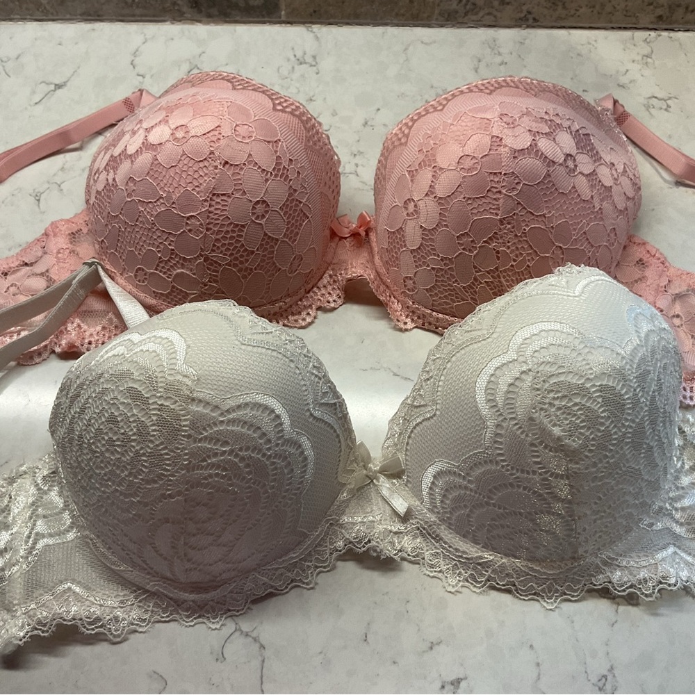 Lace Push-Up Bra Set - Pink and White